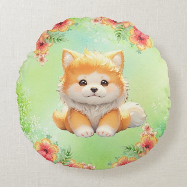 Coussins Ronds Cosy Chiot avec Fleurs en fleurs Aquarelle Art (Devant)