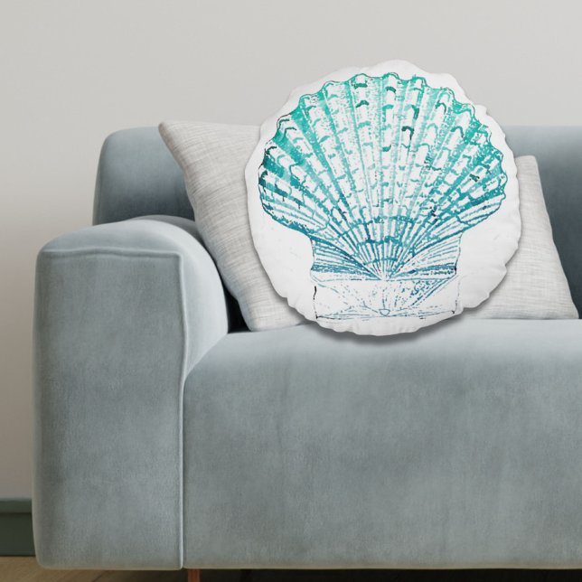 Coussins Ronds coteau turquoise couleur bleu mermaid (coastal chic teal blue watercolor mermaid seashell round pillow)
