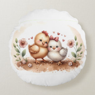 Coussins Ronds Cottagecore Aquarelle Duo de Poules Caprices