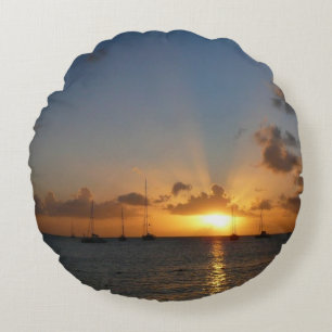 Coussins Ronds Coucher de soleil avec voiliers Paysage tropical P