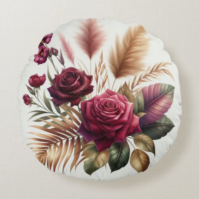 Coussins Ronds Couleur bourguignonne moderne rose & pampas herbe (Devant)