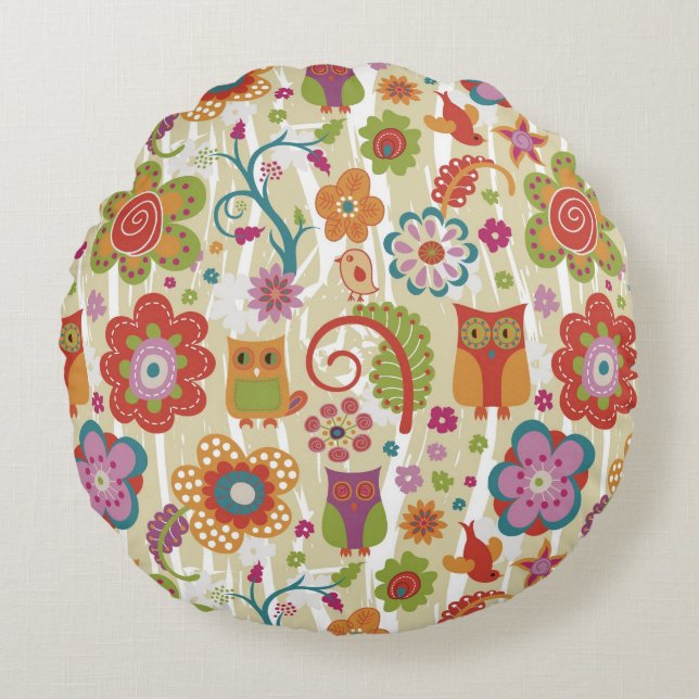 Coussins Ronds Couleur florale et hibou (Devant)