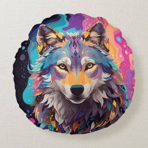 Coussins Ronds Couleurs néons de loup gris coloré