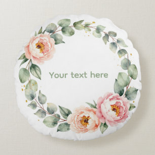 Coussins Ronds Couronne de fleurs aquarelle rose élégante personn