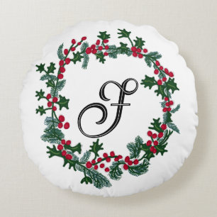 Coussins Ronds Couronne de Noël avec initiale personnalisée