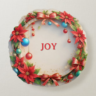 Coussins Ronds Couronne de Noël festive avec poinsettias rouges