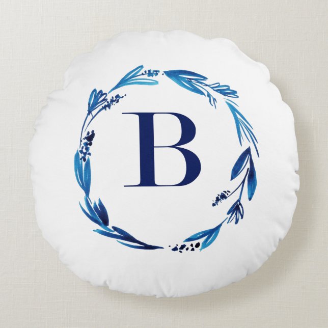 Coussins Ronds Couronne florale bleue 'B' (Devant)