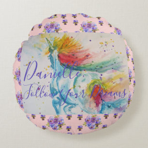 Coussins Ronds Couverture de licorne aquarelle rose avec prénom d