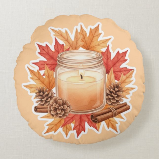 Coussins Ronds Cozy Fall Candle with Maple Leaves | Autumn Design (Devant)