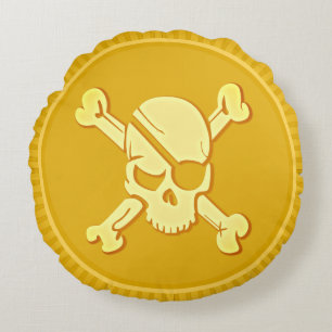 Coussins Ronds Crâne et os Pirate Dubloon Coin Trésor