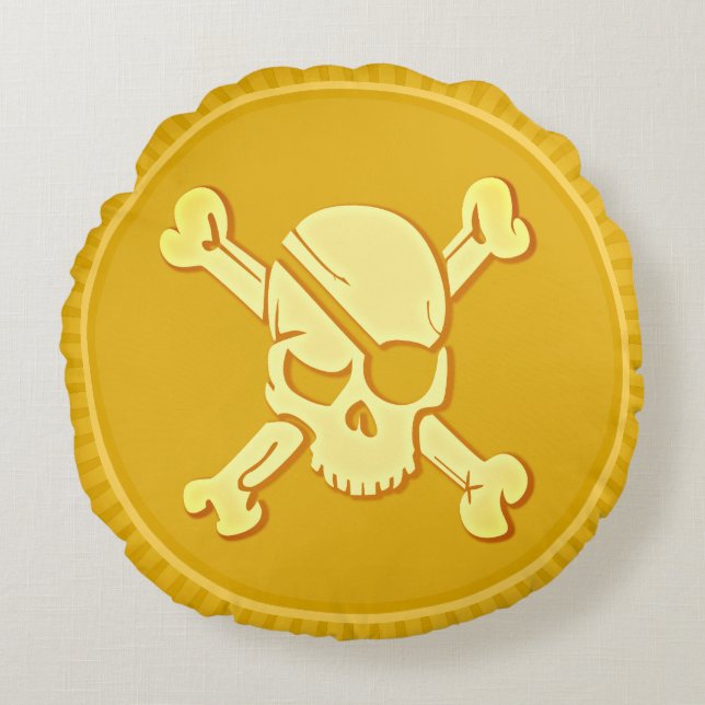 Coussins Ronds Crâne et os Pirate Dubloon Coin Trésor (Devant)