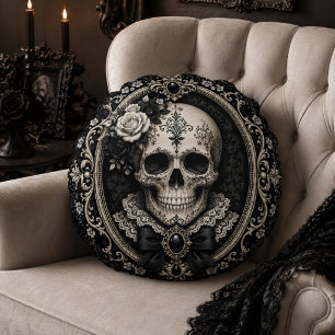 Coussins Ronds Crâne gothique victorien noir et ivoire Romance so