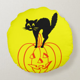 Coussins Ronds Crânes noirs et jaunes Chat citrouille Halloween