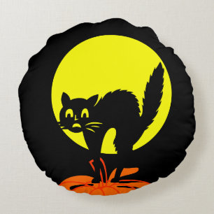 Coussins Ronds Crânes noirs et jaunes Chat Citrouille Halloween