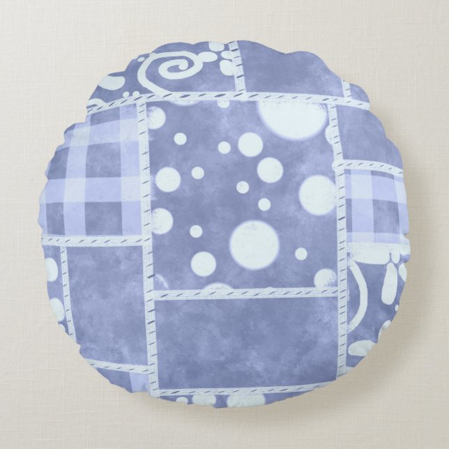 Coussins Ronds Crazy Quilt Blue Gingham Floral Personalized  (Devant)