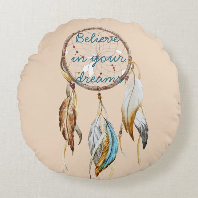 Coussins Ronds Crème Brown Turquoise Dream catcher aquarelle (Devant)
