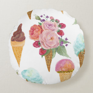Coussins Ronds Crème glacée, framboises : motif aquarelle.