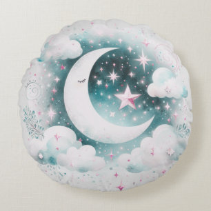 Coussins Ronds Croissant de Lune Céleste Bleu et Blanc Bohème Mod
