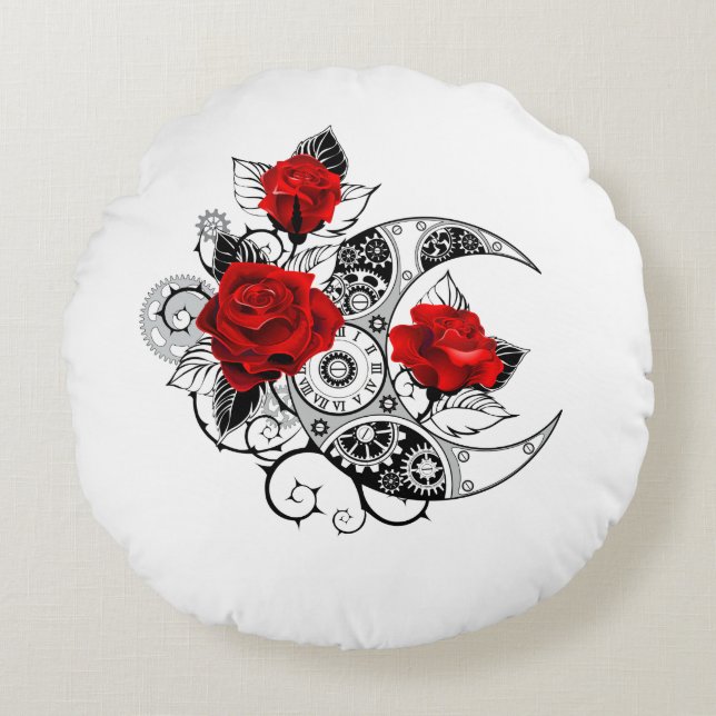 Coussins Ronds Croissant mécanique avec roses rouges (Devant)
