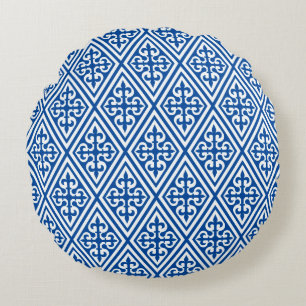 Coussins Ronds Croix Médiévale Damassé - Bleu de Cobalt et Blanc