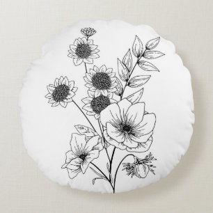Coussins Ronds Croquis de fleur