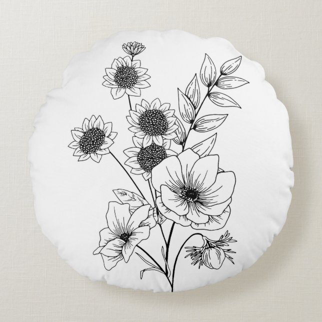 Coussins Ronds Croquis de fleurs (Devant)