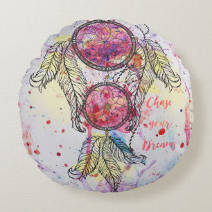 Coussins Ronds Croquis en aquarelle Dreamcatcher "Chase your Drea