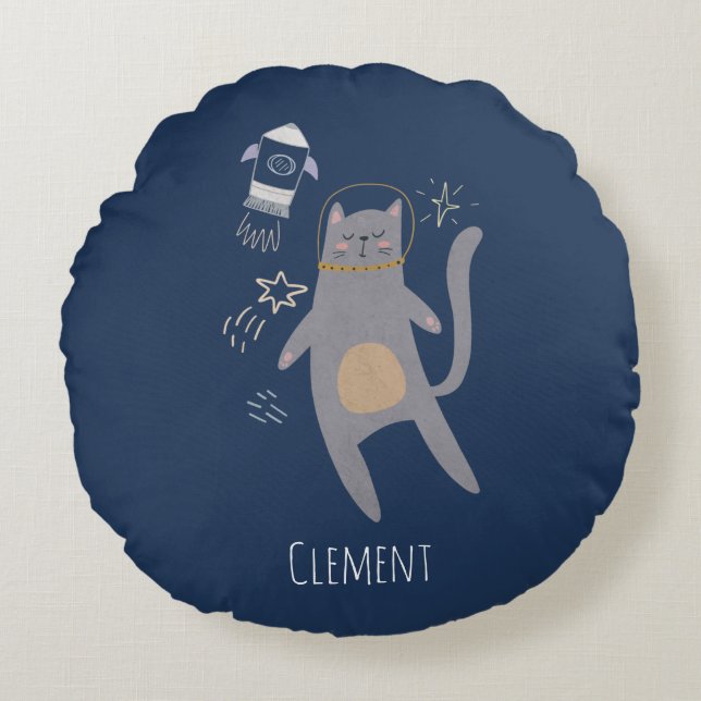 Coussins Ronds Cute Astronaut gris Chat Nom personnalisé (Devant)