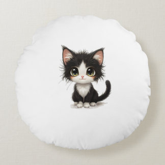 Coussins Ronds Cute Big-Eyed Kitten - Chibi Chat noir et blanc