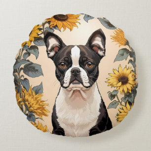 Coussins Ronds Cute Boston Terrier Yellow Sunflowers