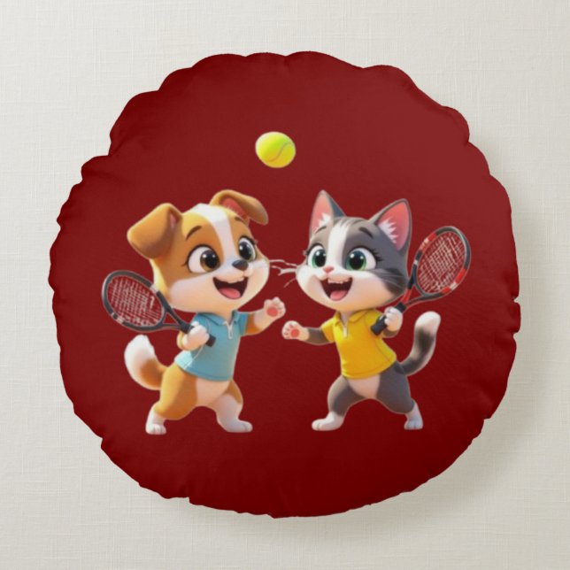 Coussins Ronds Cute Cartoon Dog and Cat Playing Padel Tennis – Fu (Devant)