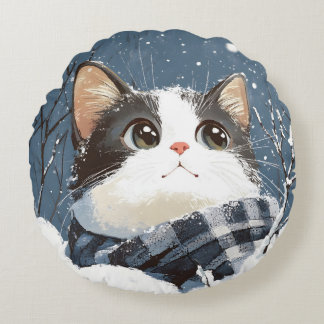 Coussins Ronds Cute cat cozy winter snow