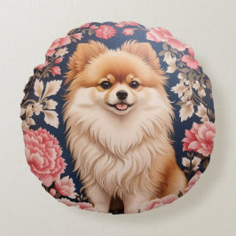Coussins Ronds Cute Chien Poméranien Rose Floral