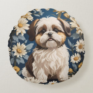 Coussins Ronds Cute Chih Tzu Chien Blanc Fleurs De Faisée