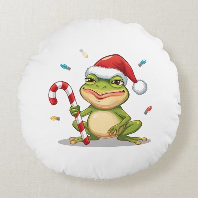 Coussins Ronds Cute Christmas Frog With Candy Cane - Funny Holida (Devant)