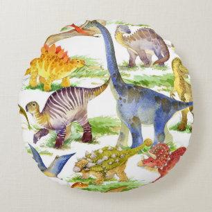 Coussins Ronds Cute Dinosaures Aquarelle Art sans fil