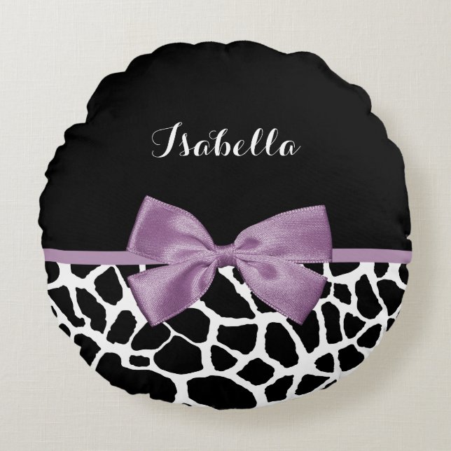 Coussins Ronds Cute Giraffe Imprimer Lavande Violet Bow Avec Nom (Devant)