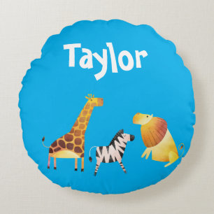 Coussins Ronds Cute Giraffe Zebra Lion arrière - plan bleu