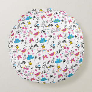 Coussins Ronds Cute Girly Kids Unicorn Arc-en-ciel Papillons Coeu