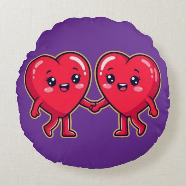 Coussins Ronds Cute Heart Characters Holding Hands (Devant)