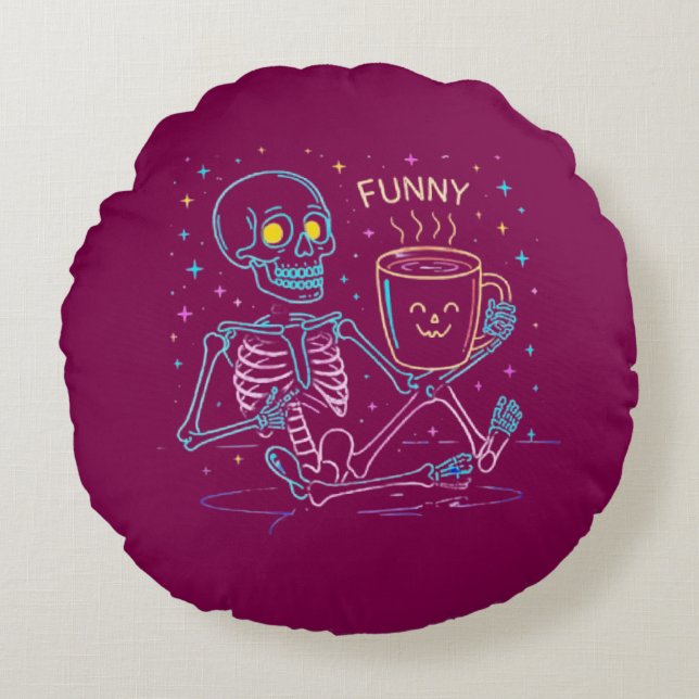Coussins Ronds Cute Neon Skeleton Drinking Coffee – Funny Pastel  (Devant)