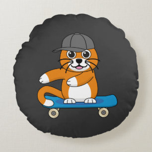 Coussins Ronds Cute Orange Chat sur Skateboard Cartoon