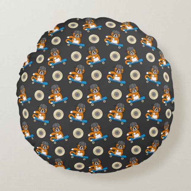 Coussins Ronds Cute Orange Chat sur Skateboard Cartoon (Devant)