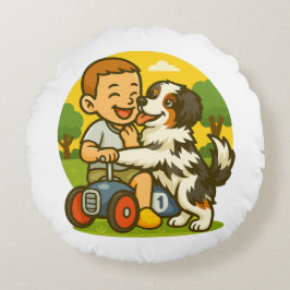 Coussins Ronds Cute Puppy and Kid Playtime