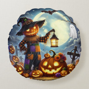 Coussins Ronds Cute, Whimsical Halloween épouvantail & citrouille