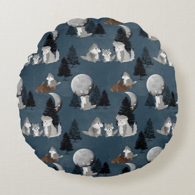 Coussins Ronds Cute Wolf Pack Woodland Night Kids Bedroom (Devant)