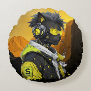 Coussins Ronds Cyber Cat   Chat Hacker Néon Futuriste Cyberpunk 