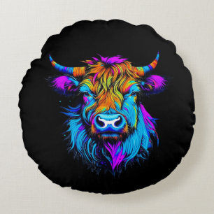 Coussins Ronds Cyberpunk Coloré Ai Highland Cow