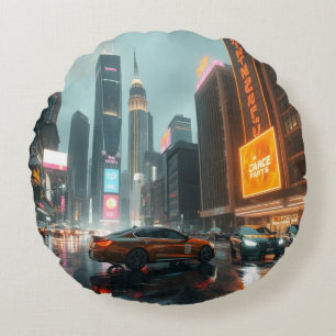 Coussins Ronds Cyberpunk Skyscrapper City Cars