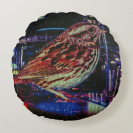 Coussins Ronds Cyberpunk Sparrow dans Neon Cityscape